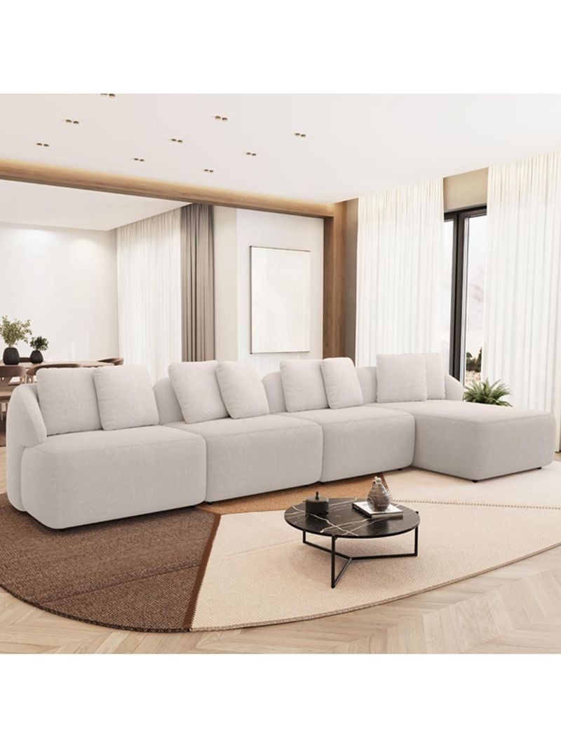 Sofá 5 Lugares Com Chaise Direito Sala Living 394cm Arlo F04 Veludo Bege - Lyam Decor