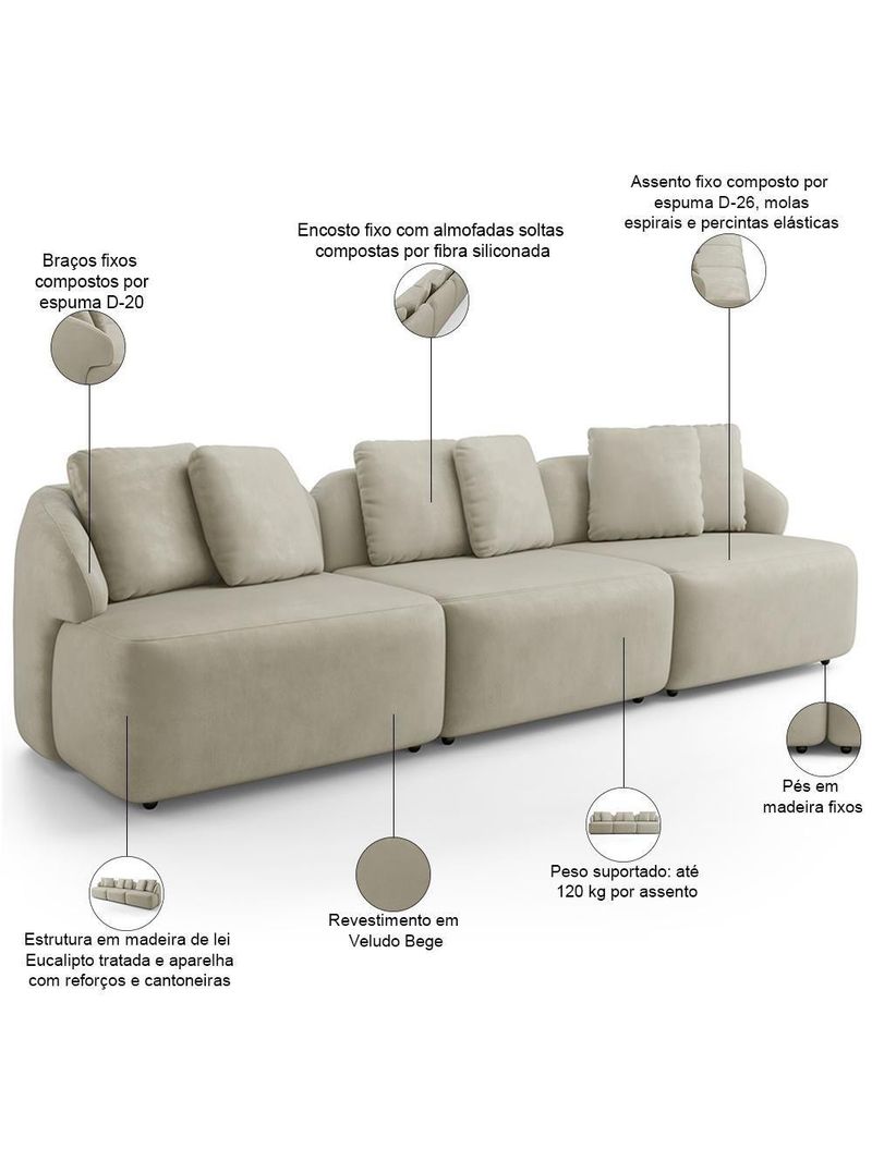 Sofá 3 Lugares Para Sala De Estar Living 234cm Arlo F04 Veludo Bege - Lyam Decor