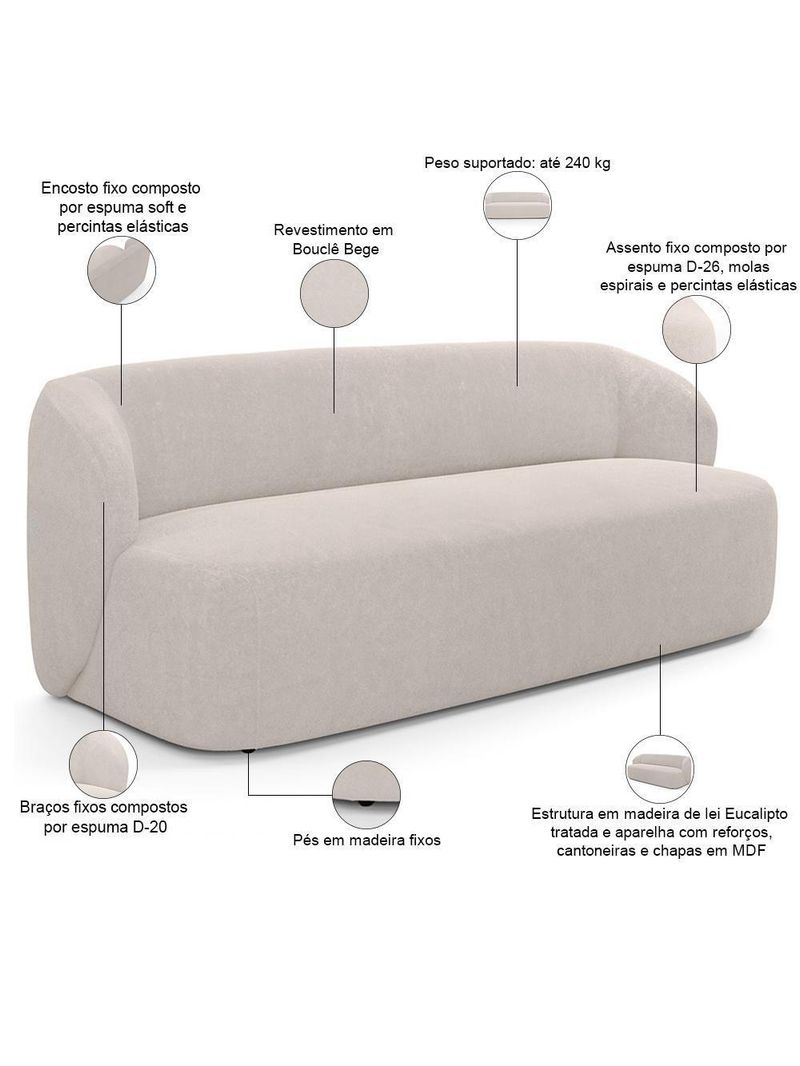 Sofá 2 Lugares Orgânico Para Sala De Estar Living 170cm Heidy F04 Bouclê Bege - Lyam Decor