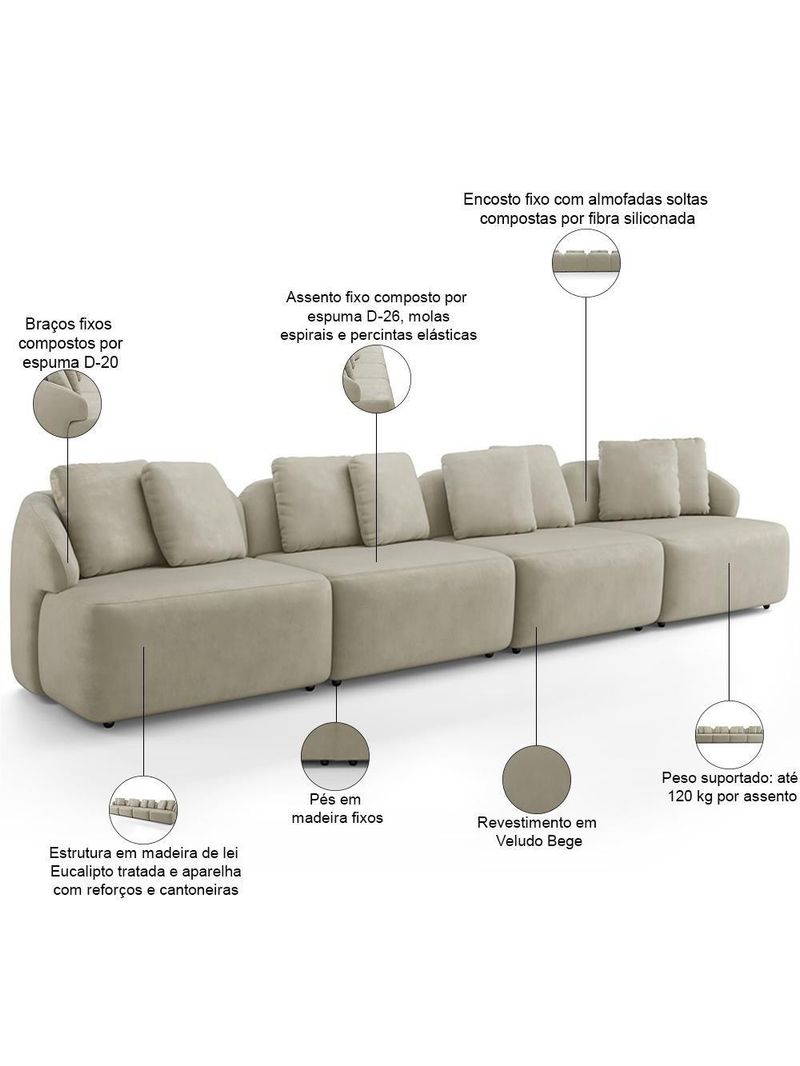 Sofá 4 Lugares Para Sala De Estar Living 314cm Arlo F04 Veludo Bege - Lyam Decor