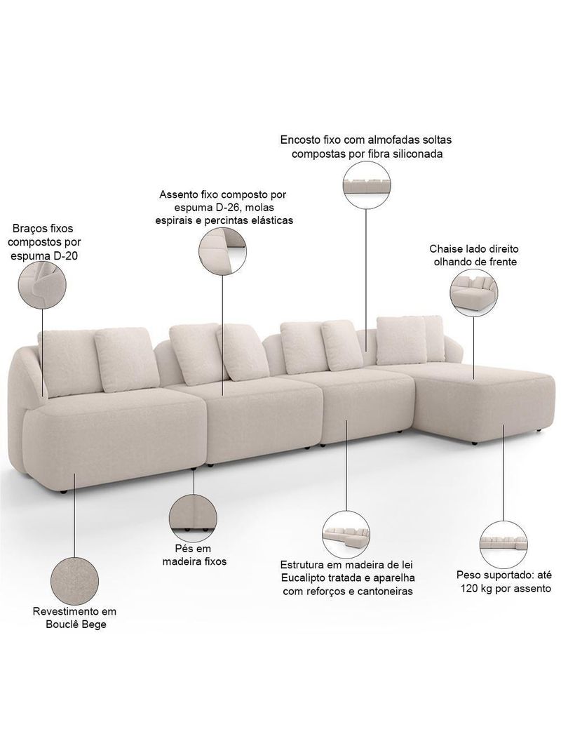 Sofá 5 Lugares Com Chaise Direito Sala Living 334cm Arlo F04 Bouclê Bege - Lyam Decor