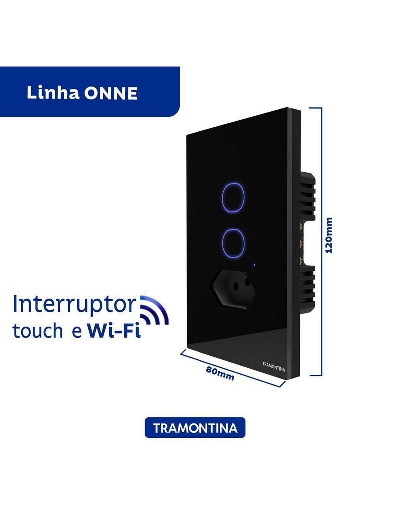 Interruptor Onne Touch Smart Tramontina Preto com 2 Canais e 1 Tomada 2P+T 10 A 250 V