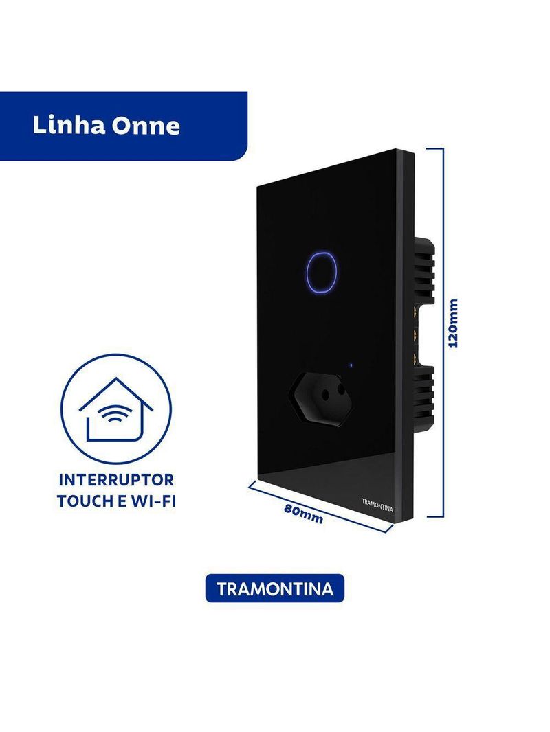 Interruptor Onne Touch Smart Tramontina Preto com 1 Canal e 1 Tomada 2P+T 10 A 250 V