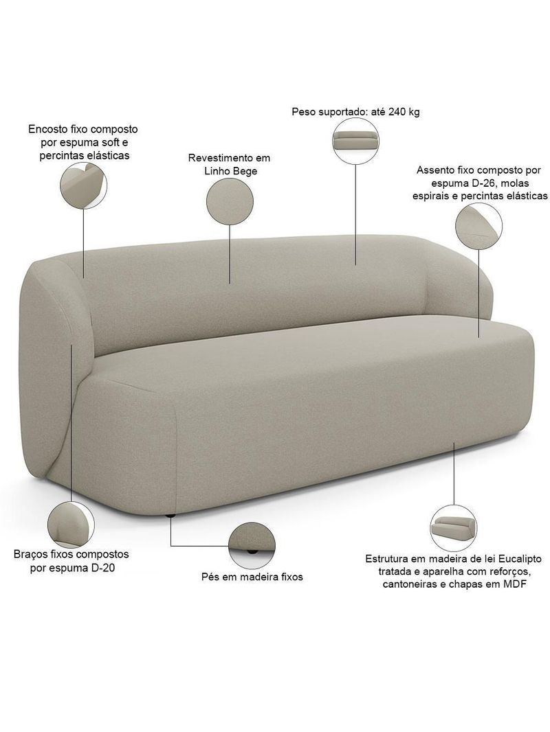 Sofá 2 Lugares Orgânico Para Sala De Estar Living 170cm Heidy F04 Linho Bege - Lyam Decor