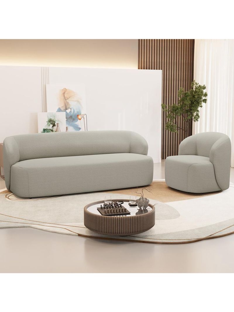 Sofá 2 Lugares 170cm Com Poltrona Giratória Orgânica Heidy F04 Linho Bege - Lyam Decor