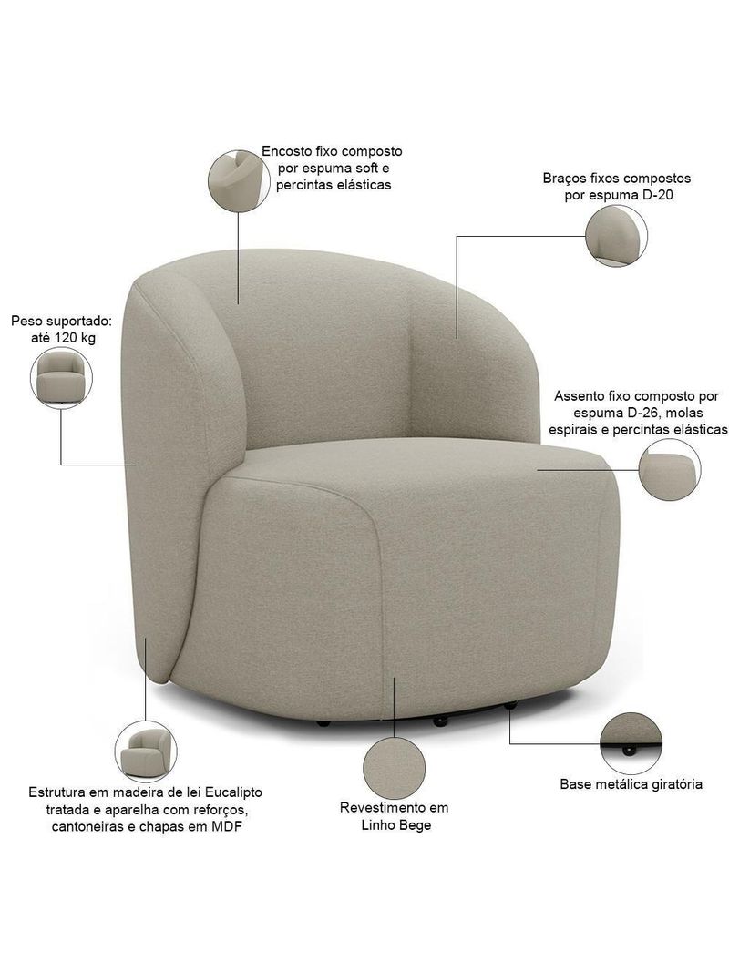 Sofá 2 Lugares 170cm Com Poltrona Giratória Orgânica Heidy F04 Linho Bege - Lyam Decor