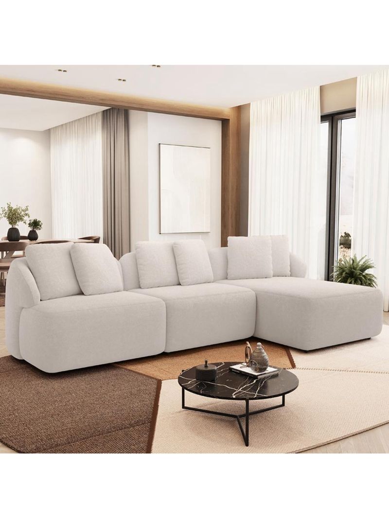Sofá 4 Lugares Com Chaise Direito Sala Living 294cm Arlo F04 Bouclê Bege - Lyam Decor