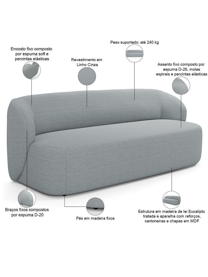 Sofá 2 Lugares Orgânico Para Sala De Estar Living 170cm Heidy F04 Linho Cinza - Lyam Decor