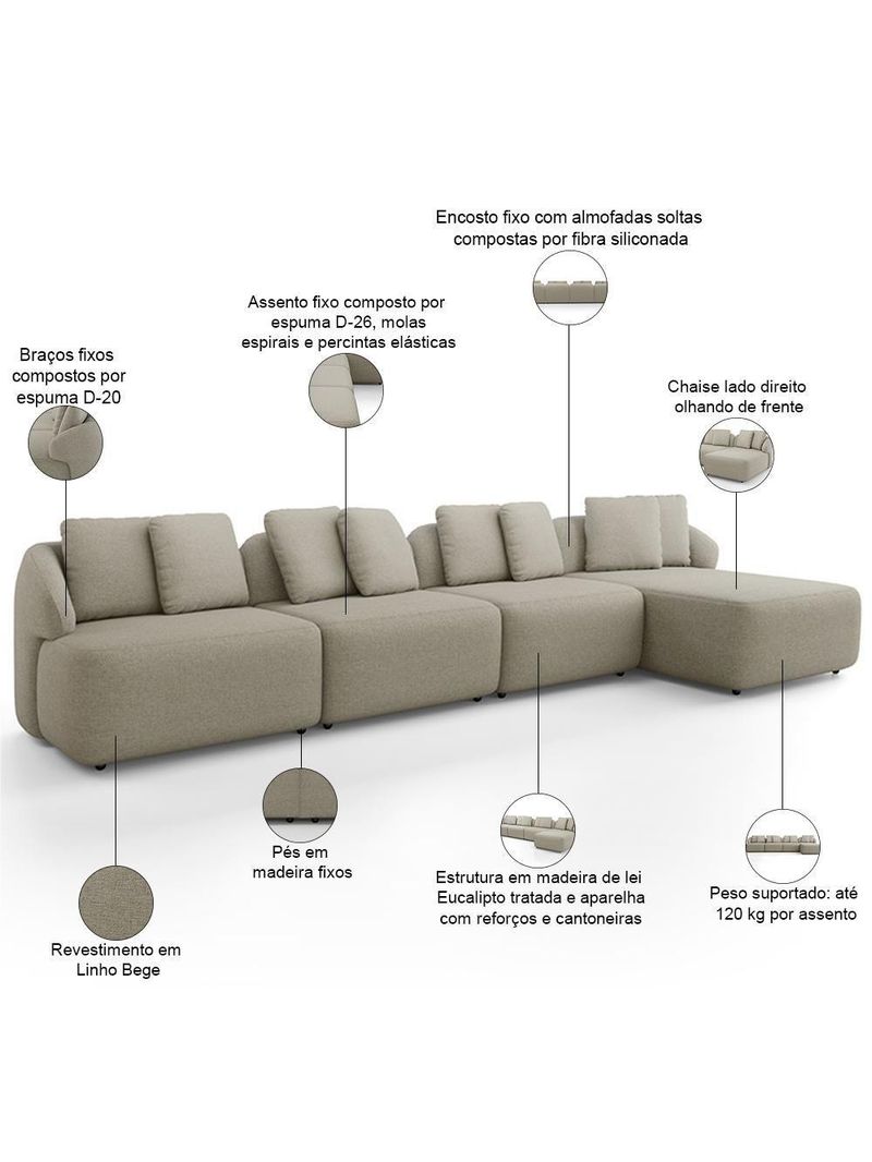 Sofá 5 Lugares Com Chaise Direito Sala Living 334cm Arlo F04 Linho Bege - Lyam Decor