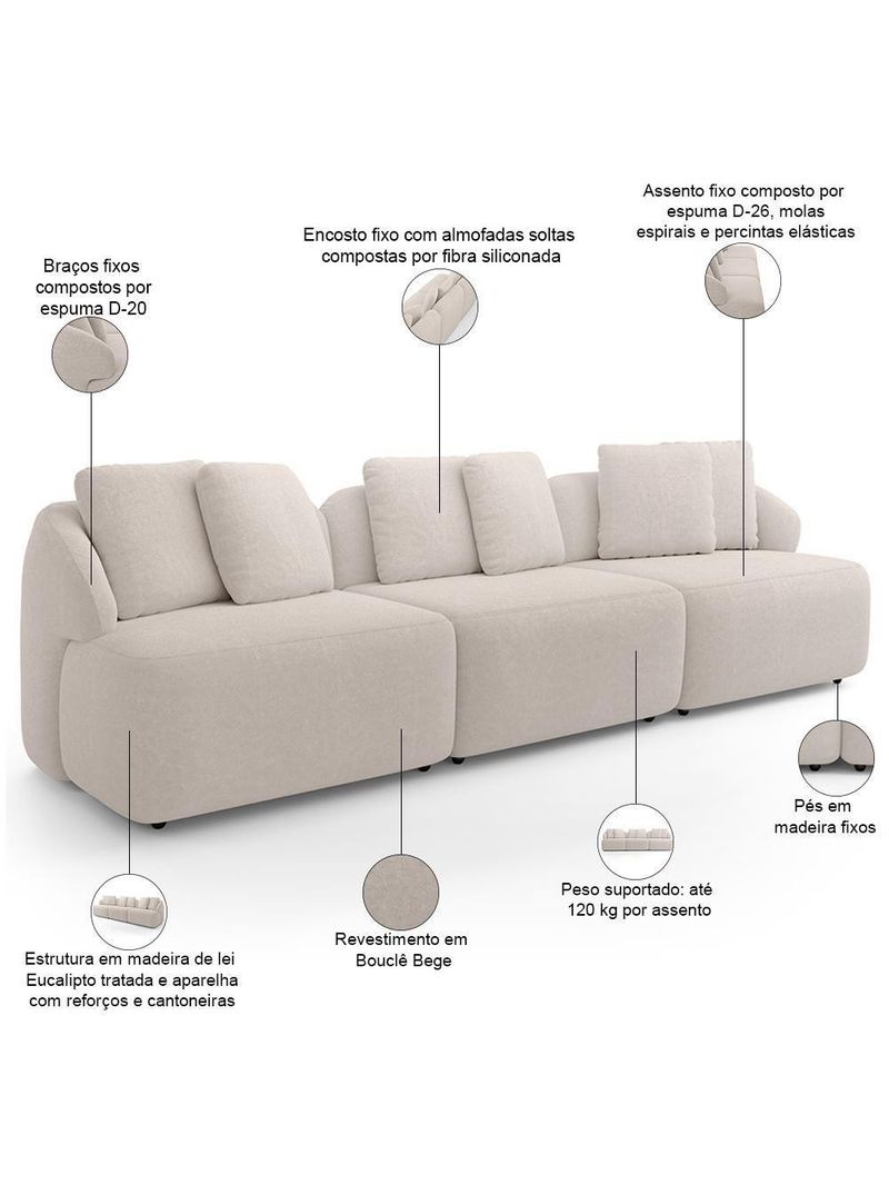 Sofá 4 Lugares Para Sala De Estar Living 294cm Arlo F04 Bouclê Bege - Lyam Decor