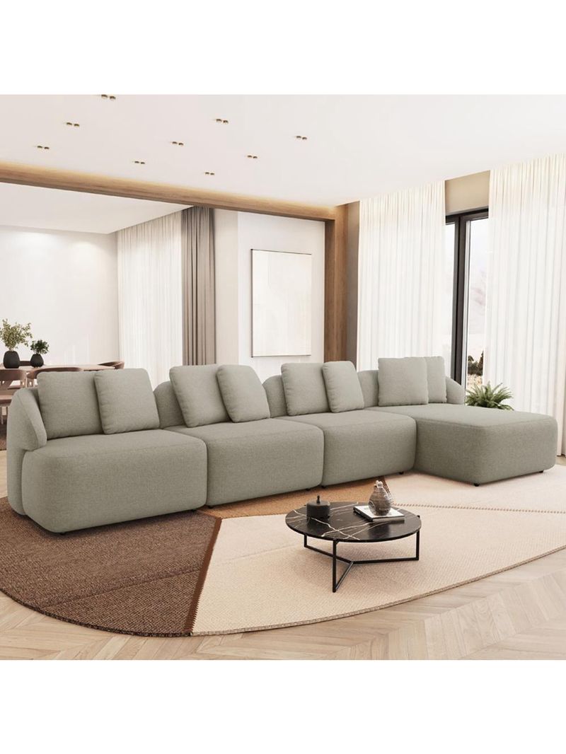 Sofá 5 Lugares Com Chaise Direito Sala Living 394cm Arlo F04 Linho Bege - Lyam Decor