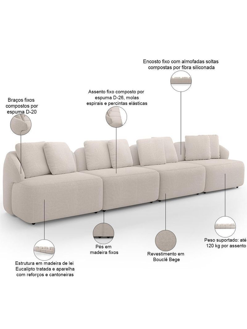 Sofá 4 Lugares Para Sala De Estar Living 314cm Arlo F04 Bouclê Bege - Lyam Decor