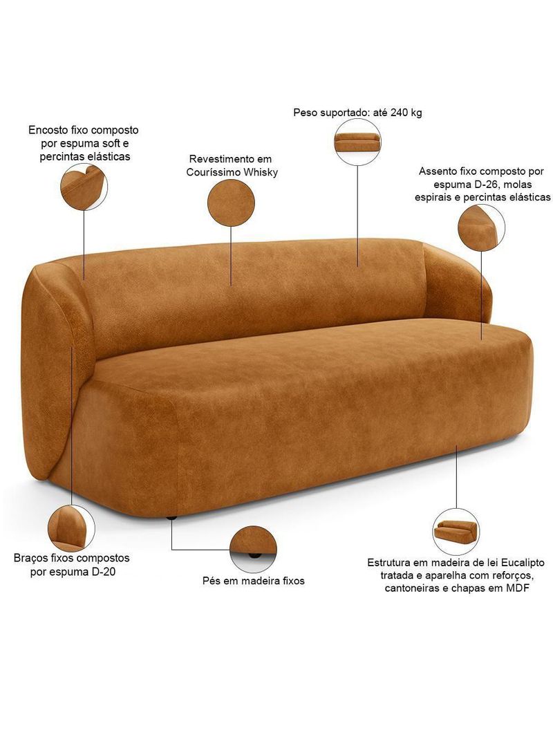 Sofá 2 Lugares Orgânico Para Sala De Estar Living 170cm Heidy F04 Couríssimo Whisky - Lyam Decor