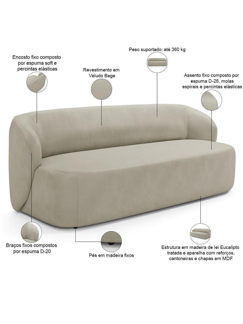 Sofá 3 Lugares 205cm Com Poltrona Giratória Orgânica Heidy F04 Veludo Bege - Lyam Decor