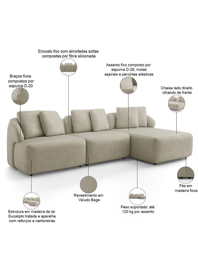Sofá 3 Lugares Com Chaise Direito Sala Living 254cm Arlo F04 Veludo Bege - Lyam Decor