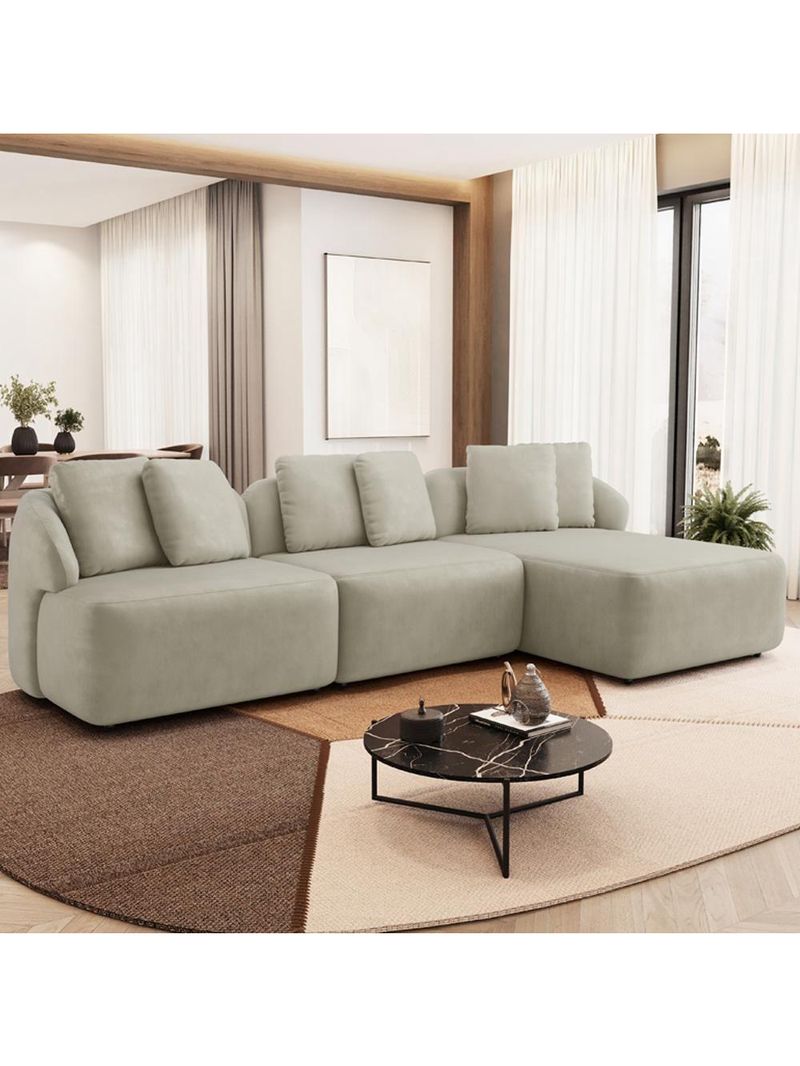 Sofá 3 Lugares Com Chaise Direito Sala Living 254cm Arlo F04 Veludo Bege - Lyam Decor