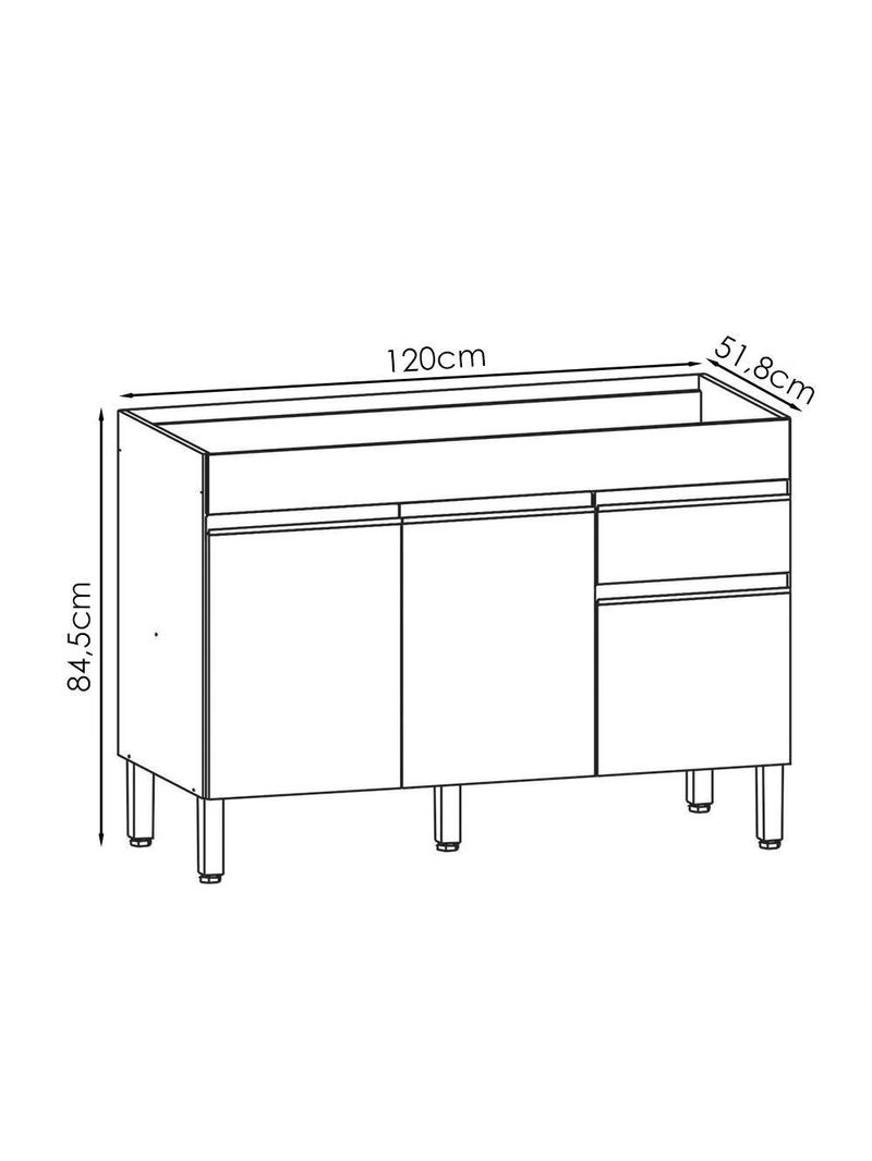 Balcão para Pia 120 cm – 3 Portas e 1 Gaveta – Line KTP Gris