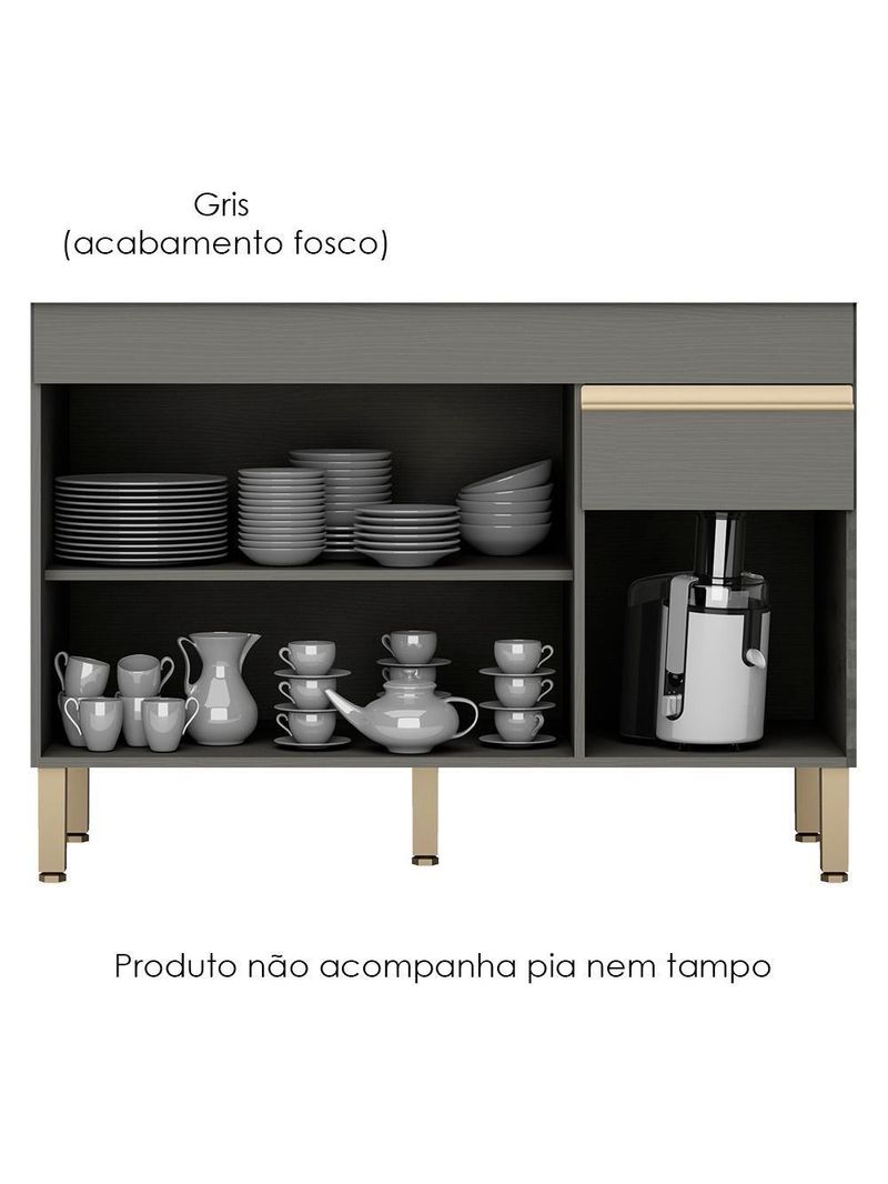 Balcão para Pia 120 cm – 3 Portas e 1 Gaveta – Line KTP Gris