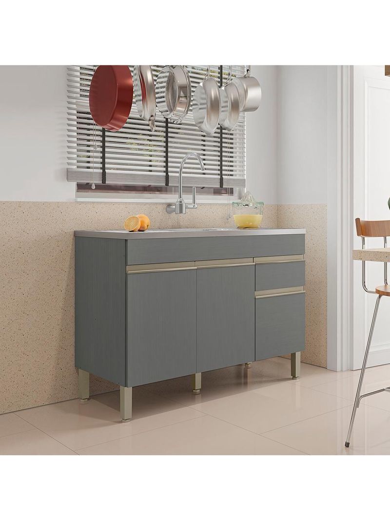 Balcão para Pia 120 cm – 3 Portas e 1 Gaveta – Line KTP Gris