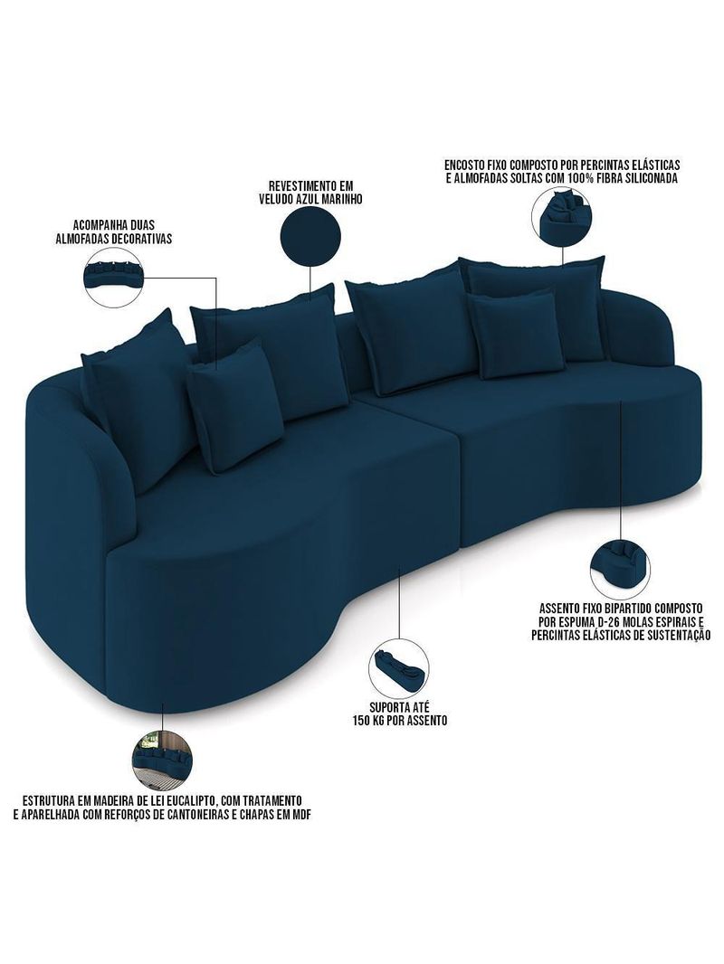 Sofá 3 Lugares Orgânico Sala De Estar Living 250cm Ekos K01 Veludo Azul Marinho - Lyam Decor