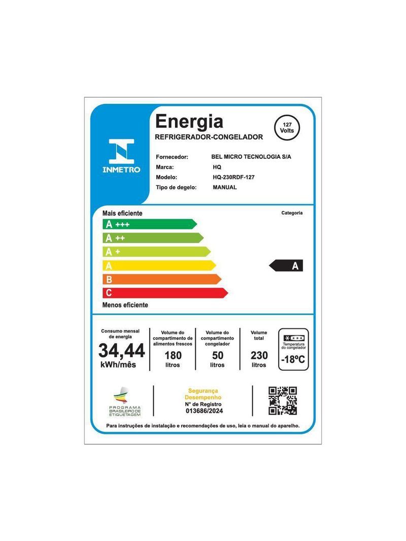 Geladeira Refrigerador HQ Defrost 230 Litros Branco HQ-230RDF 127V
