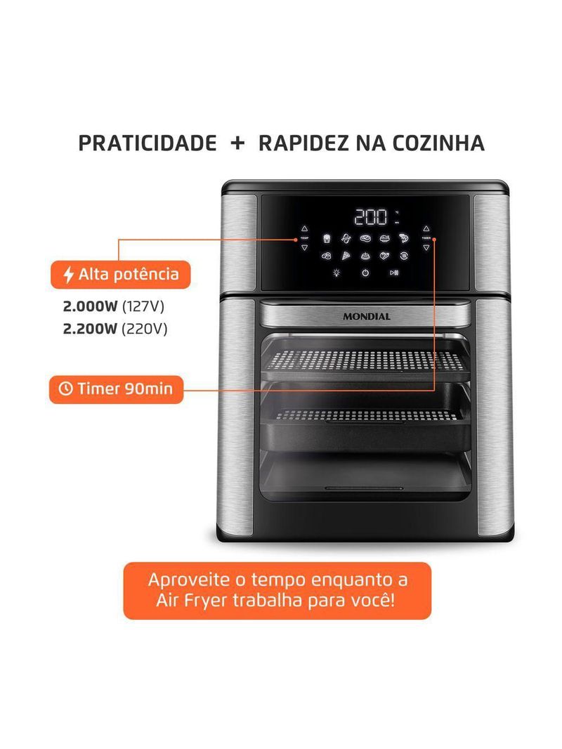 Fritadeira Elétrica Forno Oven 12L Mondial AFON-12L-BI-BC – 110V – Preto/Inox