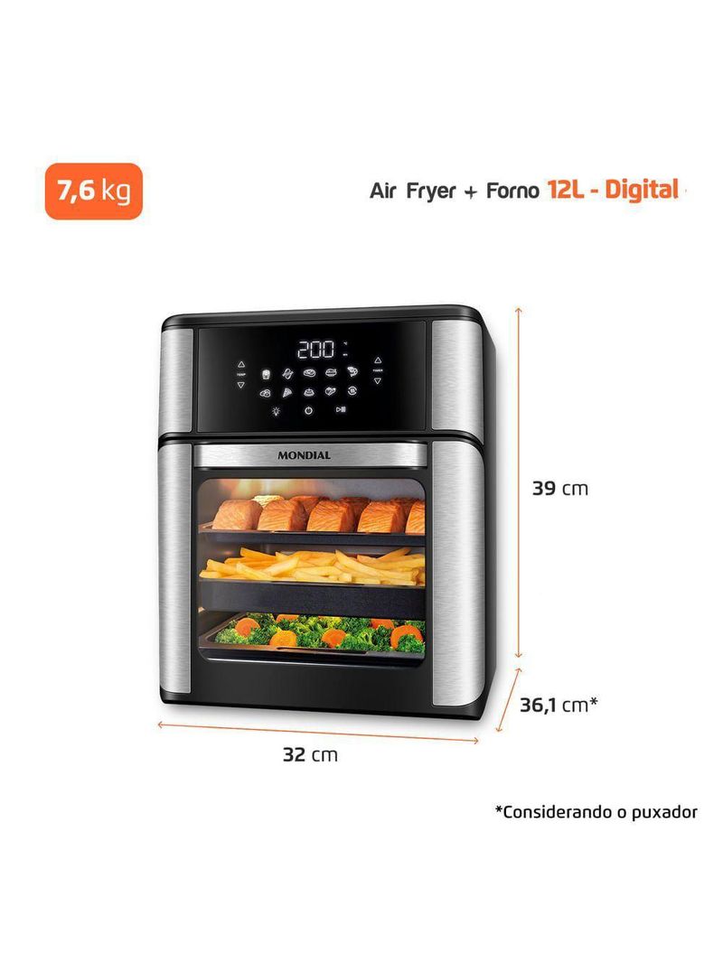 Fritadeira Elétrica Forno Oven 12L Mondial AFON-12L-BI-BC – 110V – Preto/Inox