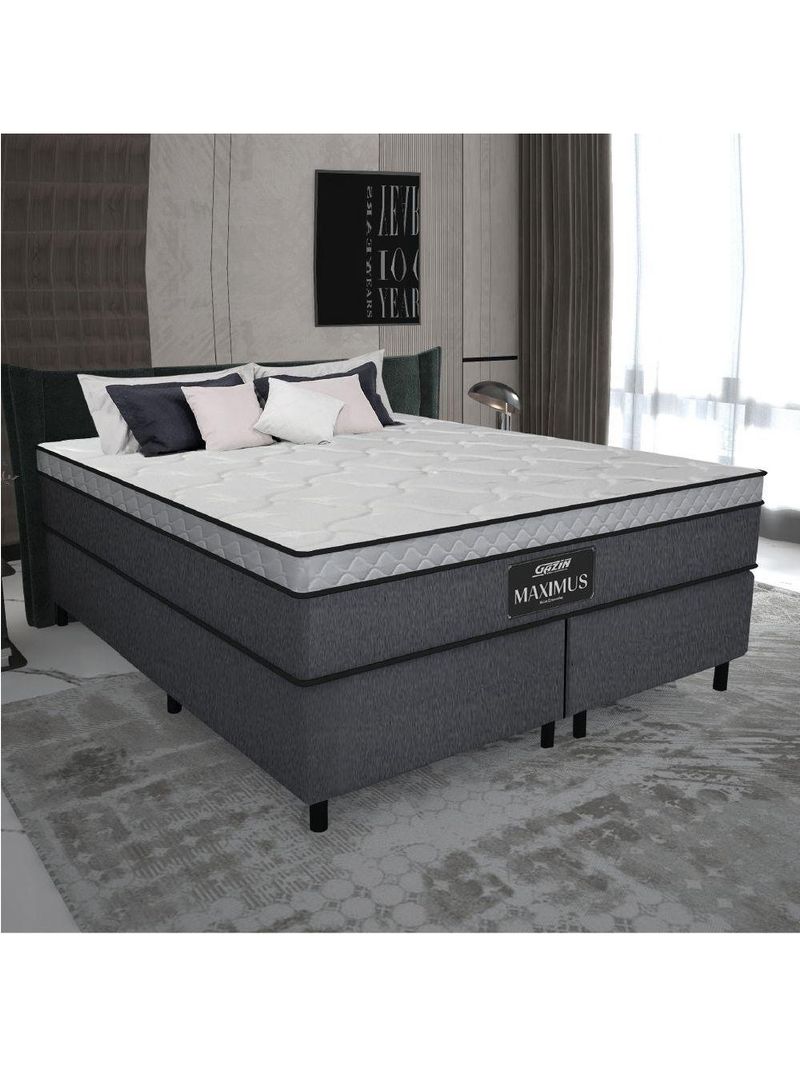 Cama Box Casal Queen Colchão Gazin Maximus Molas Ensacadas 158x198x62cm Linho Grafite-Preto Suporta até 120Kg por Pessoa