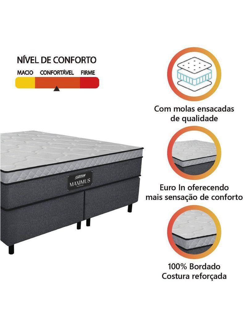 Cama Box Casal Queen Colchão Gazin Maximus Molas Ensacadas 158x198x62cm Linho Grafite-Preto Suporta até 120Kg por Pessoa