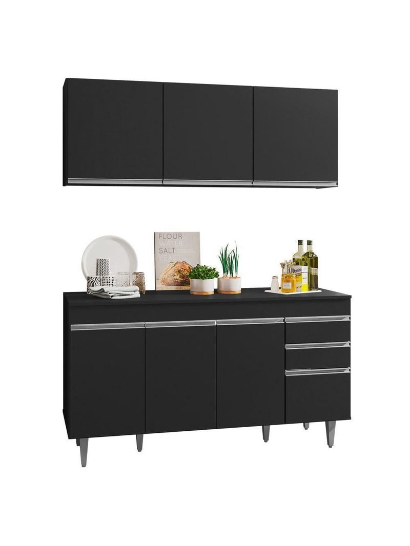 Armário Aéreo Argélia e Balcão Gabinete para Pia 150 cm com Tampo Marrocos Preto – Lumil Móveis