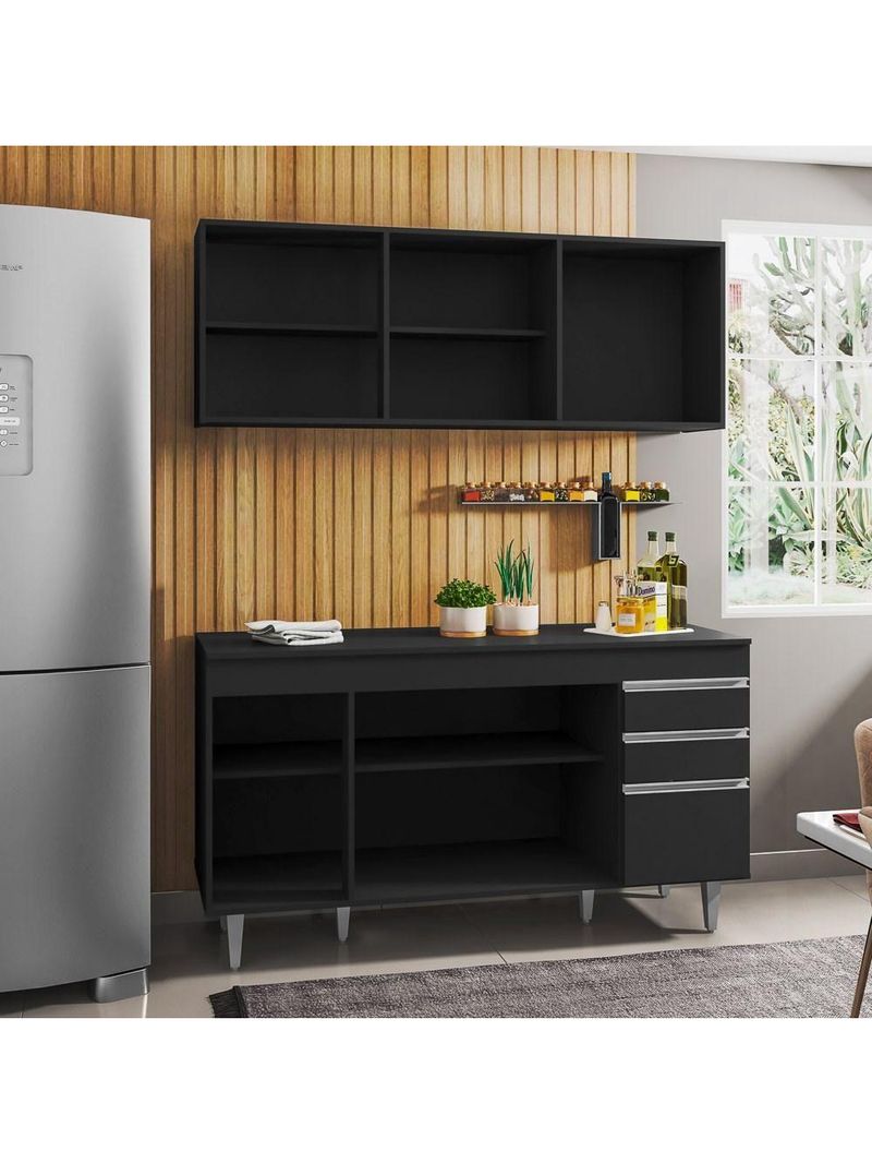 Armário Aéreo Argélia e Balcão Gabinete para Pia 150 cm com Tampo Marrocos Preto – Lumil Móveis