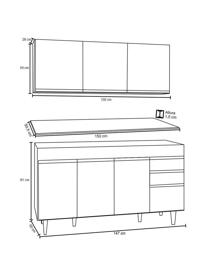 Armário Aéreo Argélia e Balcão Gabinete para Pia 150 cm com Tampo Marrocos Preto – Lumil Móveis