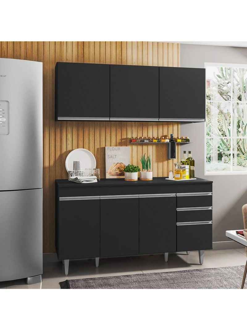 Armário Aéreo Argélia e Balcão Gabinete para Pia 150 cm com Tampo Marrocos Preto – Lumil Móveis