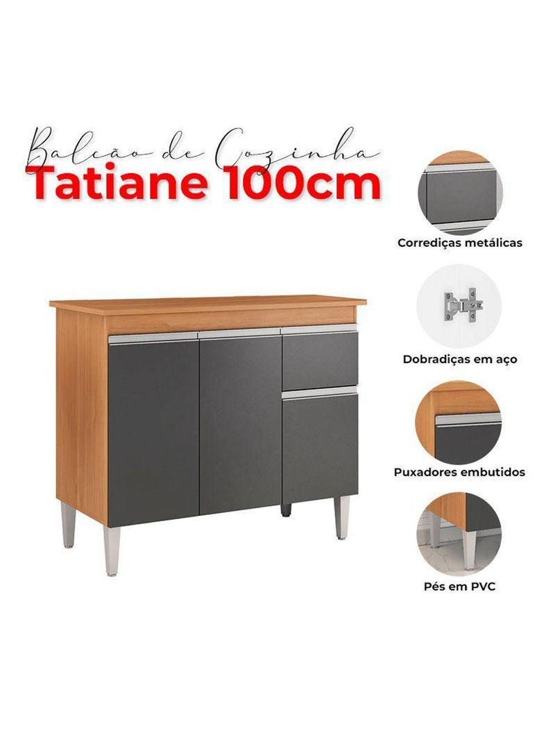 Balcão De Cozinha Ambiente Tatiane Com Tampo 100cm Amêndoa Preto - Ajl