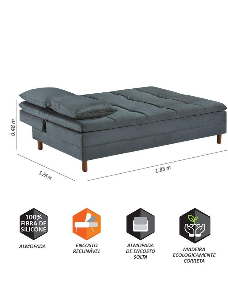 Sofá Cama Vegas 185cm Pé De Madeira Talento Móveis Grafite