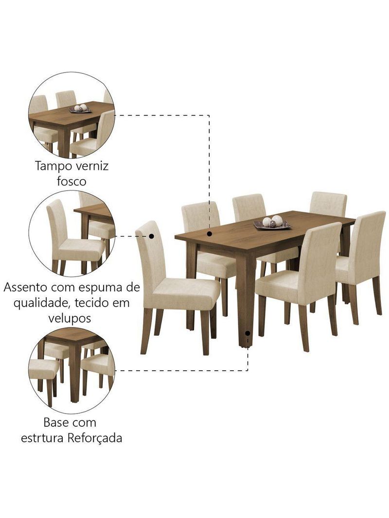 Conjunto de Mesa Sala de Jantar Miami com 6 Cadeiras Trieste Suede 1,60m – Cedro / Areia