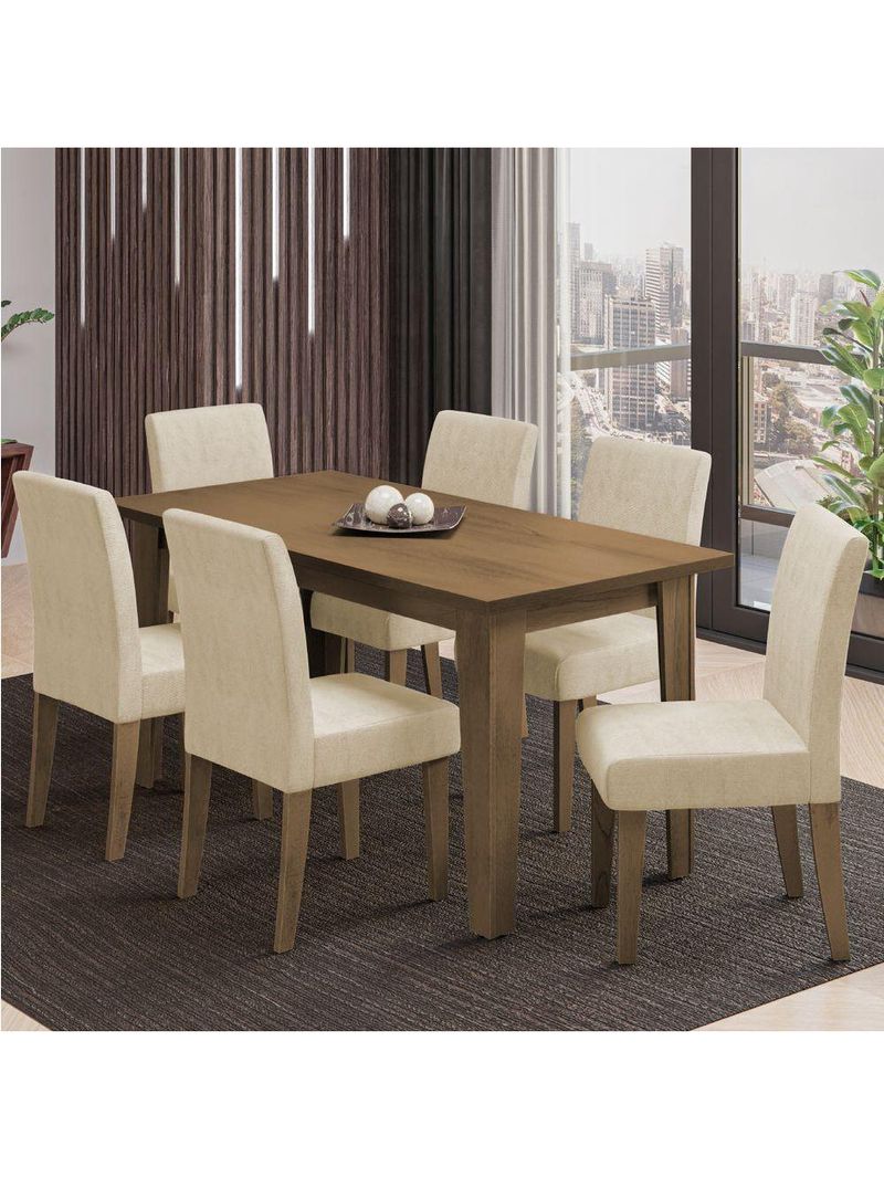 Conjunto de Mesa Sala de Jantar Miami com 6 Cadeiras Trieste Suede 1,60m – Cedro / Areia