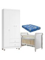 Berço Americano Mirelle Com Colchão Para Berço Americano E Guarda Roupa Ternura Baby 3 Portas Branco Brilho - Incorplac