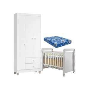 Berço Americano Mirelle Com Colchão Para Berço Americano E Guarda Roupa Ternura Baby 3 Portas Branco Brilho - Incorplac