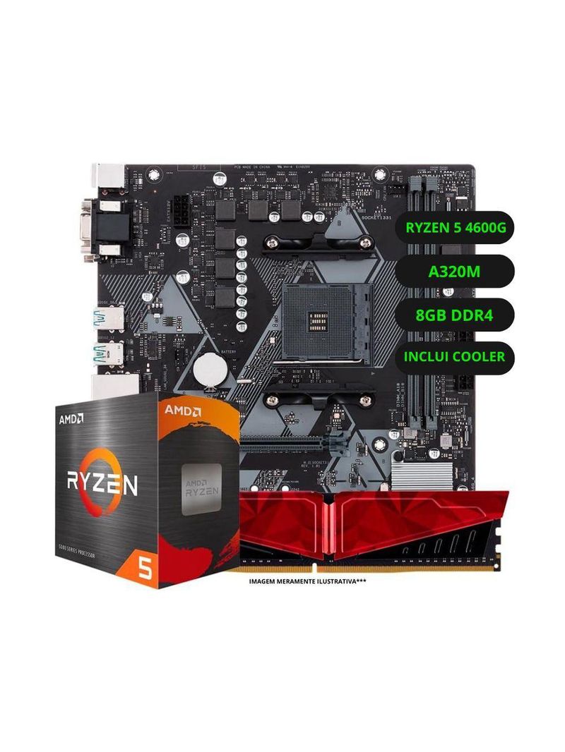 Kit Upgrade AMD Ryzen 5 4600G Vega 7 Placa Mãe A520 RAM16GB