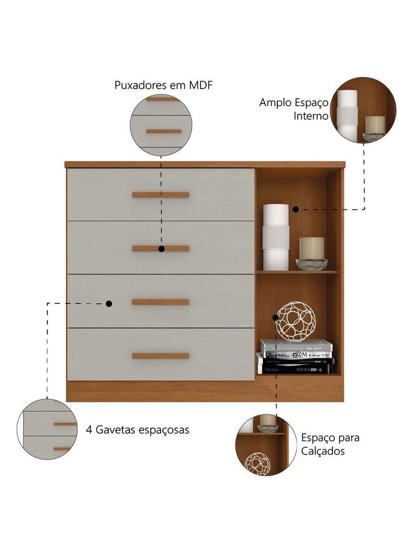 Cômoda Sapateira 4 Gavetas 1 Porta Genova Plus Zanzini Madeira Off White