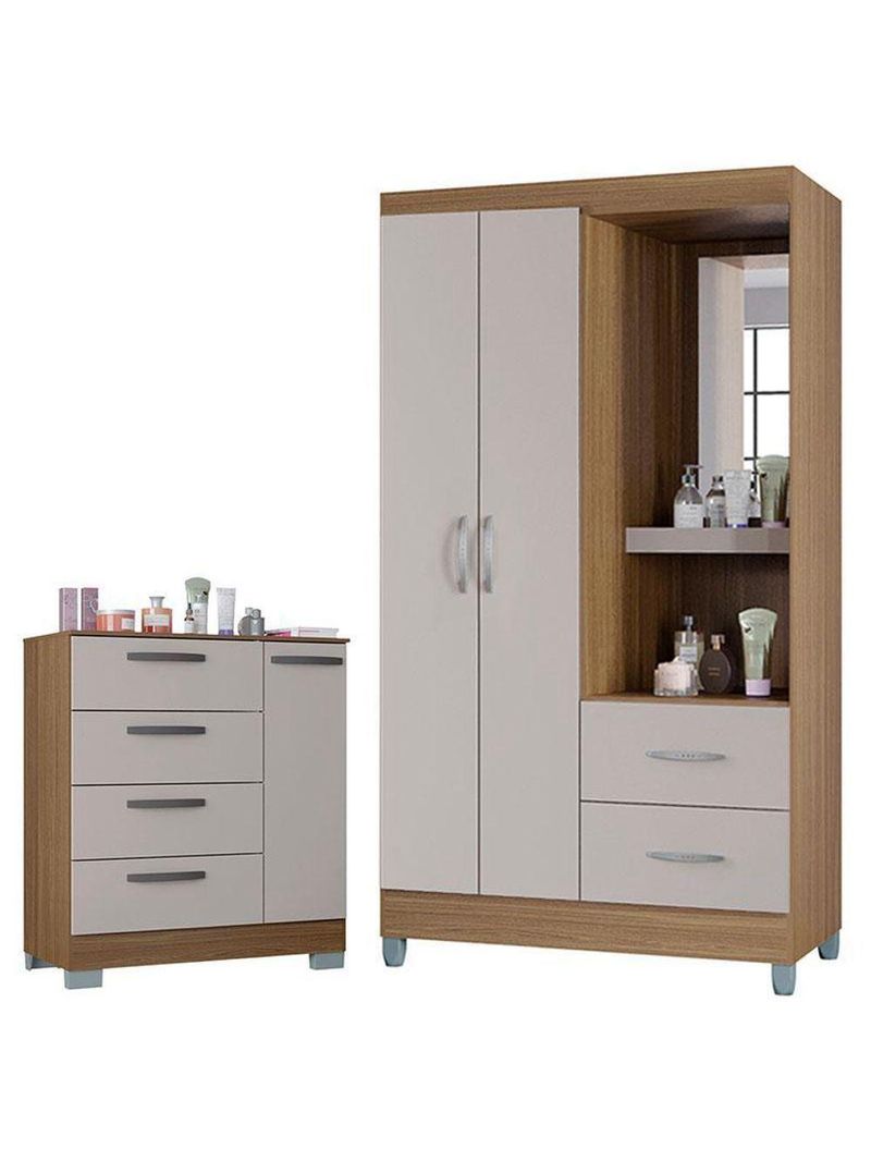 Cômoda 868 4 Gavetas E 1 Porta Com Guarda Roupa Solteiro Córdoba 2 Portas Castanho Off White - Poquema