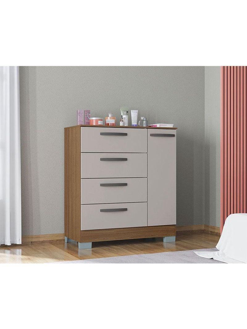 Cômoda 868 4 Gavetas E 1 Porta Com Guarda Roupa Solteiro Córdoba 2 Portas Castanho Off White - Poquema
