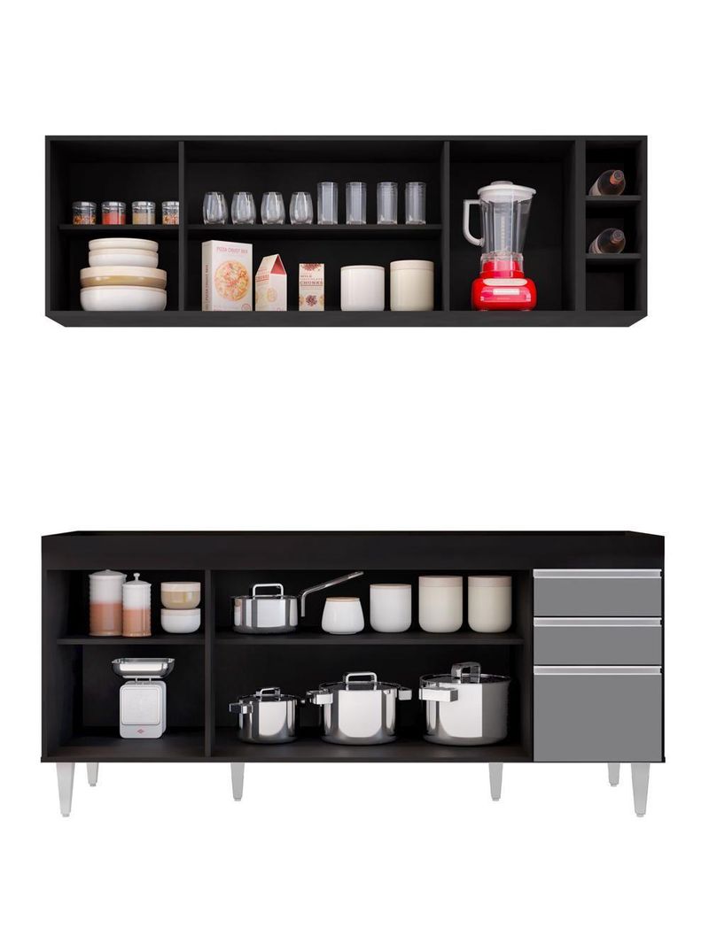 Armário Nevada e Balcão para Pia 180cm Dallas Preto/Cinza – Lumil