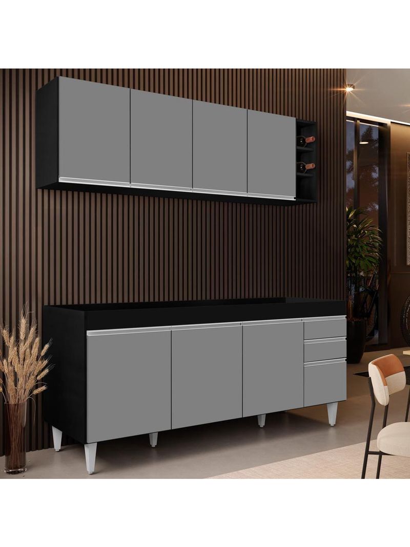 Armário Nevada e Balcão para Pia 180cm Dallas Preto/Cinza – Lumil