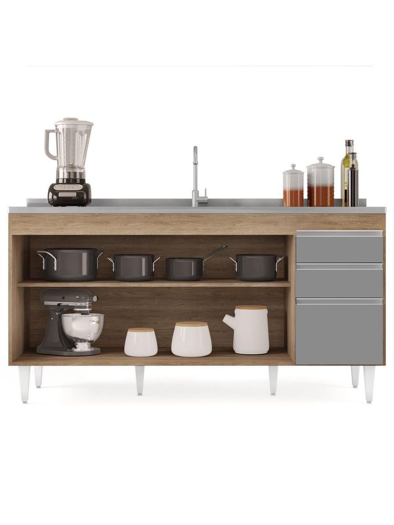 Balcão Gabinete 160cm Sem Tampo 4 Portas 2 Gavetas Arkansas Castanho/Cinza - Lumil Móveis