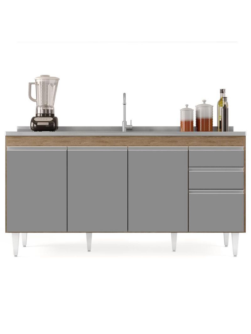 Balcão Gabinete 160cm Sem Tampo 4 Portas 2 Gavetas Arkansas Castanho/Cinza - Lumil Móveis