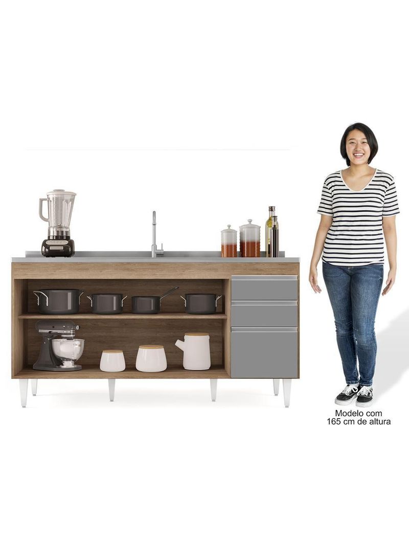 Balcão Gabinete 160cm Sem Tampo 4 Portas 2 Gavetas Arkansas Castanho/Cinza - Lumil Móveis