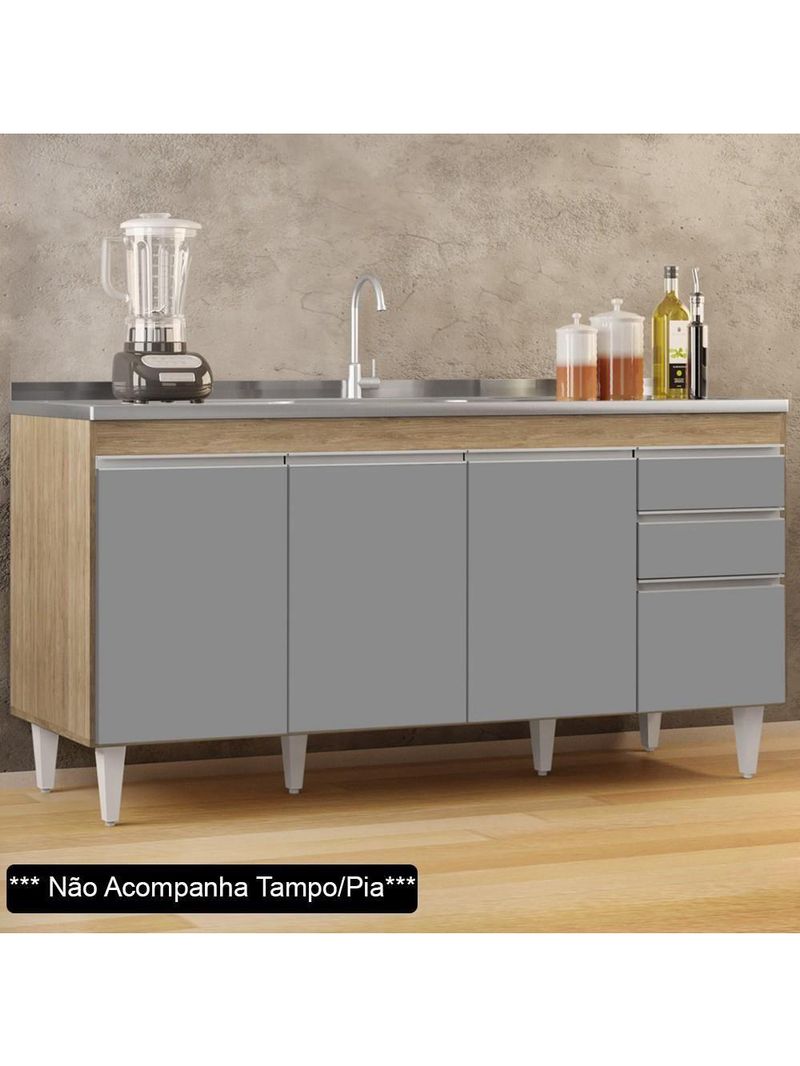 Balcão Gabinete 160cm Sem Tampo 4 Portas 2 Gavetas Arkansas Castanho/Cinza - Lumil Móveis