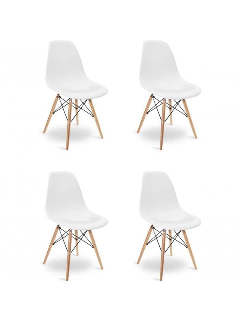 Conjunto De Mesa De Jantar Eames Eiffel Redonda 90cm Tampo De Madeira Branco Com 4 Cadeiras Brancas
